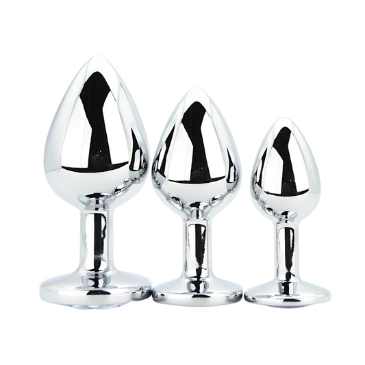 Toosh Silver Metal Butt Plug Set - 3 Sizes with Clear Jewel