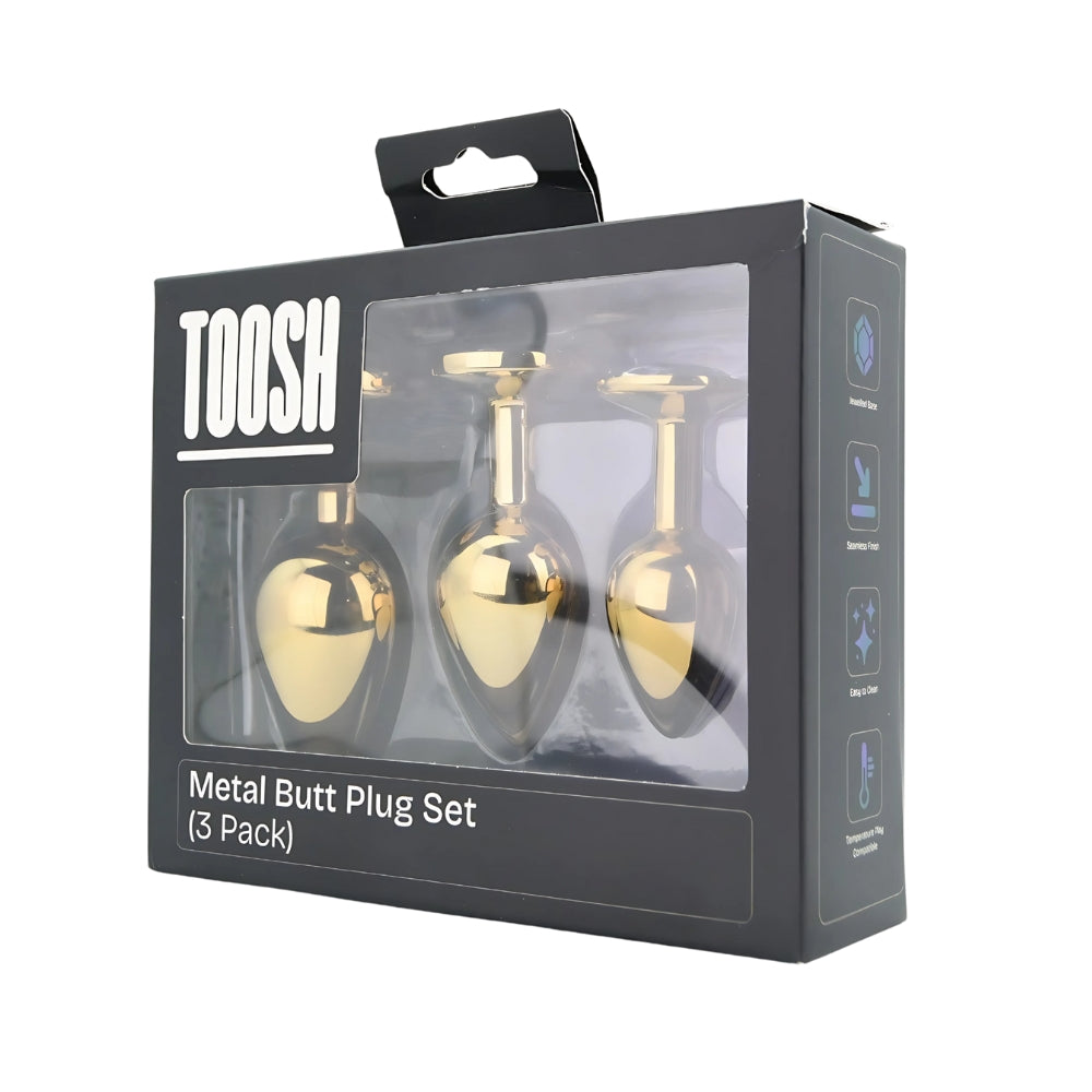Toosh Gold Metal Butt Plug Set - 3 Sizes with Clear Jewel