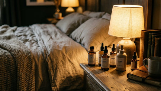 Variety of high-quality lubricants on a bedside table, intimate lighting