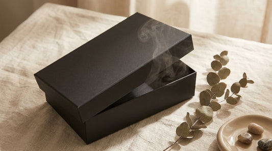 Sleek matte gift box slightly ajar on a cream linen surface, soft diffused light with a subtle mist rising