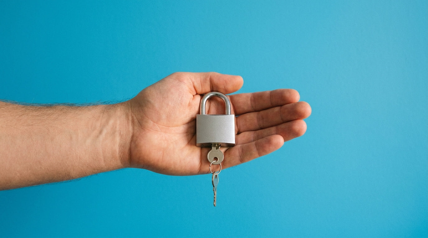 Close crop of a hand holding a small matte silver padlock with a single key hanging between the fingers, cyan blue background