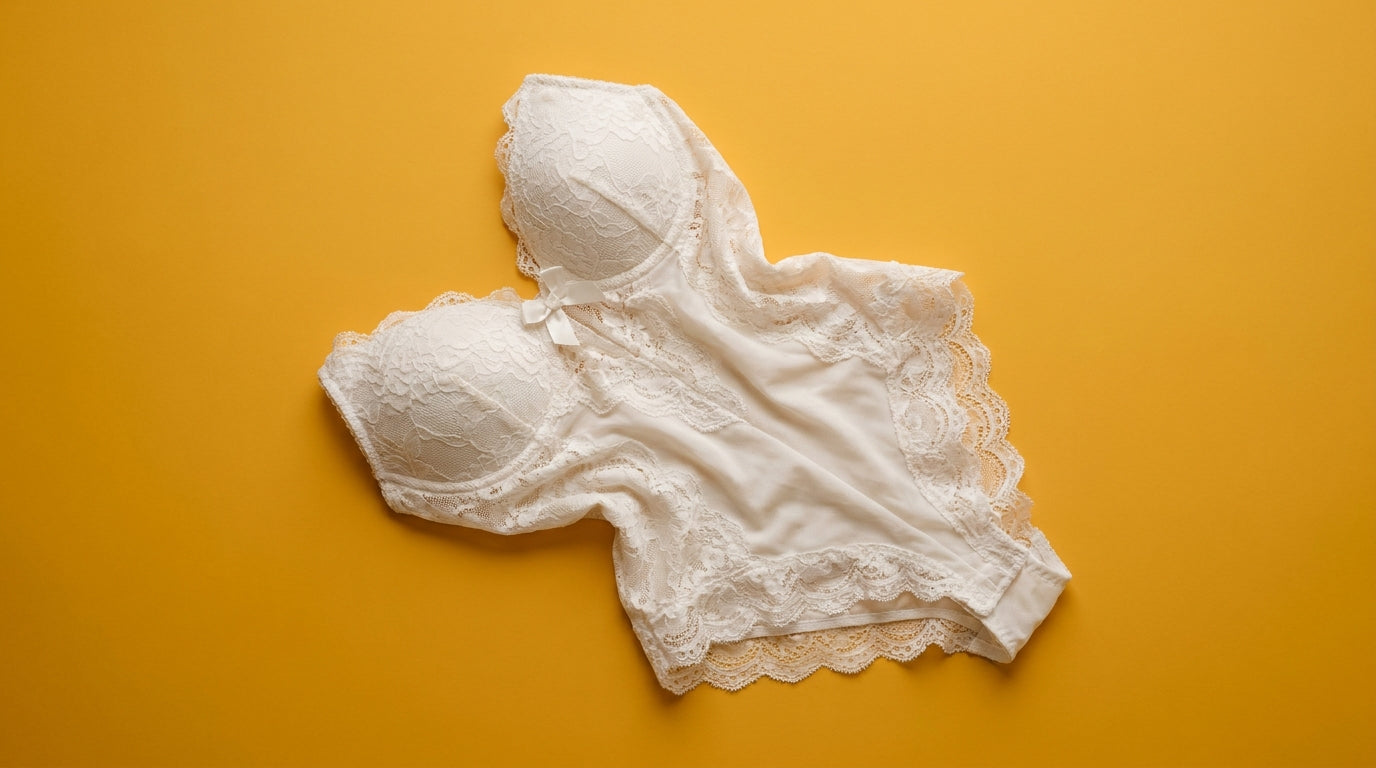 White lace teddy folded and arranged on a golden yellow background, delicate scallop lace edge and bow detail visible