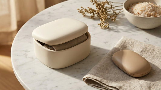 Compact wireless remote controller on a white marble surface beside a small open gift box, soft warm side lighting