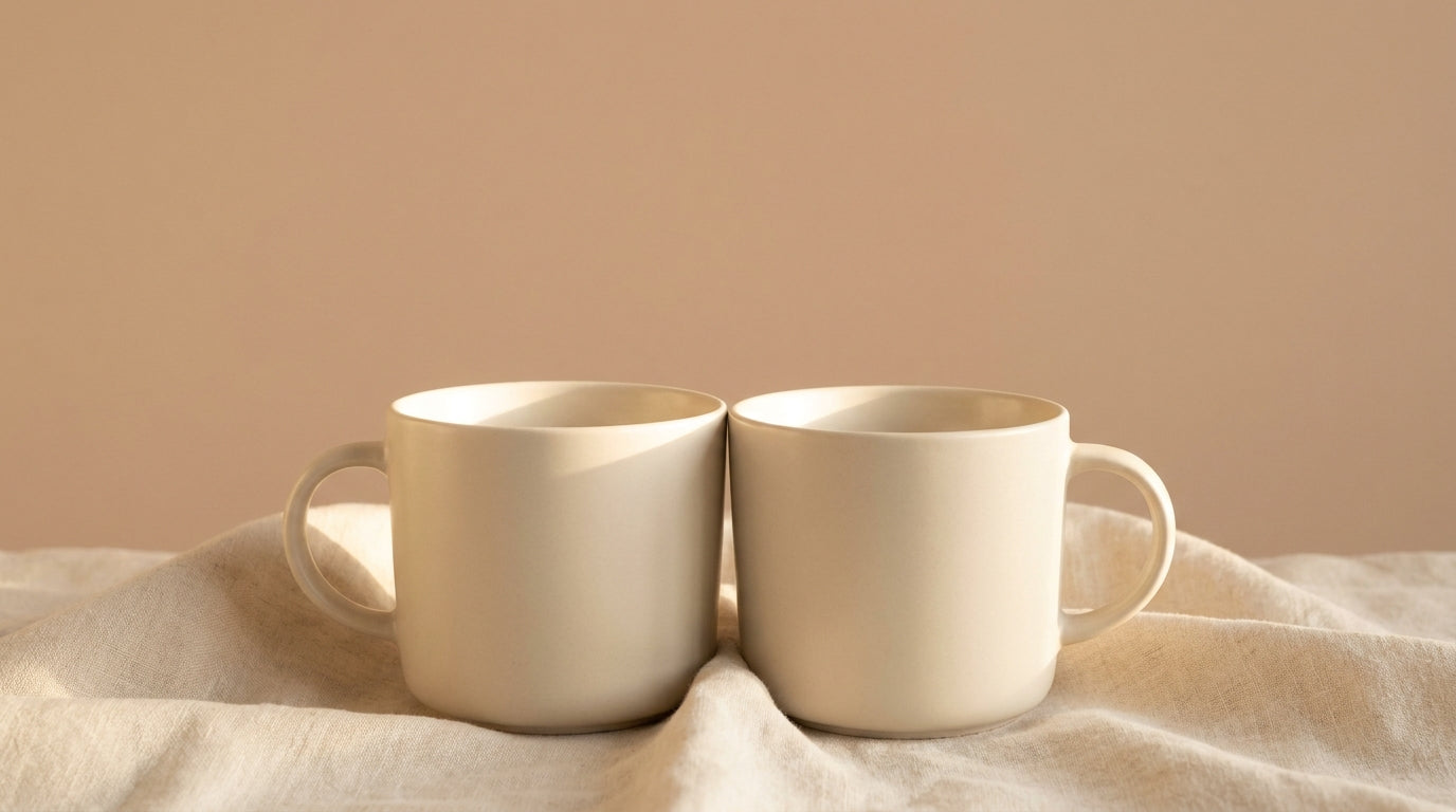 Two matte porcelain mugs resting side by side on a warm beige surface in soft morning light