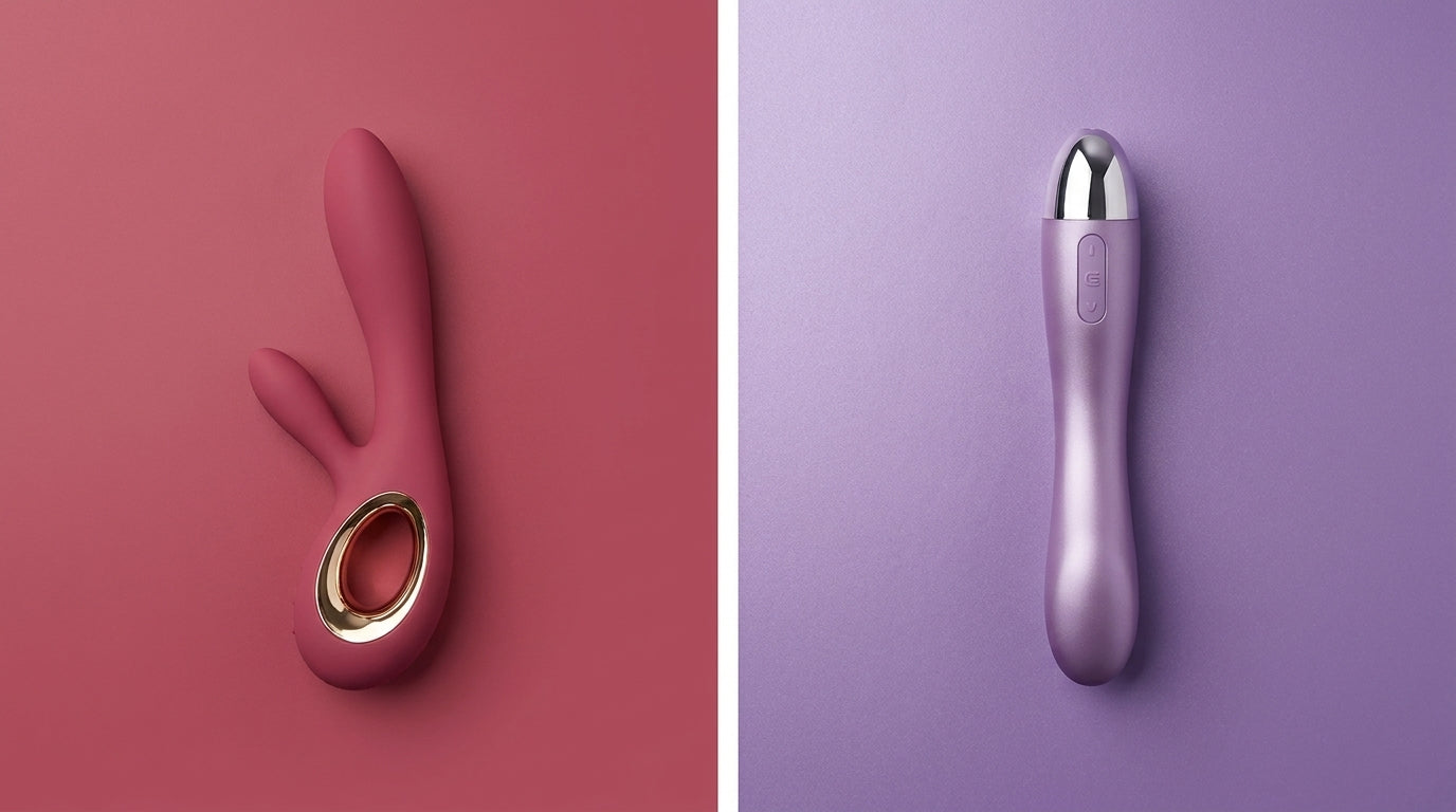 LELO and Svakom premium vibrators in a split-frame side-by-side comparison on contrasting deep rose and lilac backgrounds