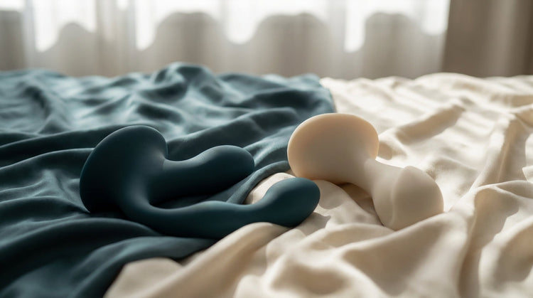 Abstract smooth shapes resembling silicone curves, soft lighting with rumpled silk sheets, play of light and shadow, interior photography, deep teal and warm off-white tones.