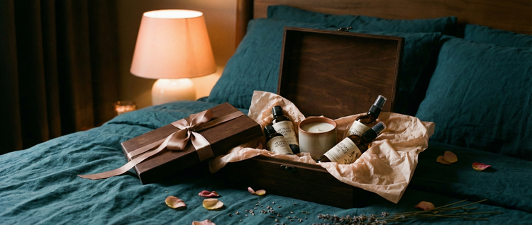 Curated couples' massage kit featuring aromatherapy oils, candles, and sensory tools, styled as a luxury spa gift set.