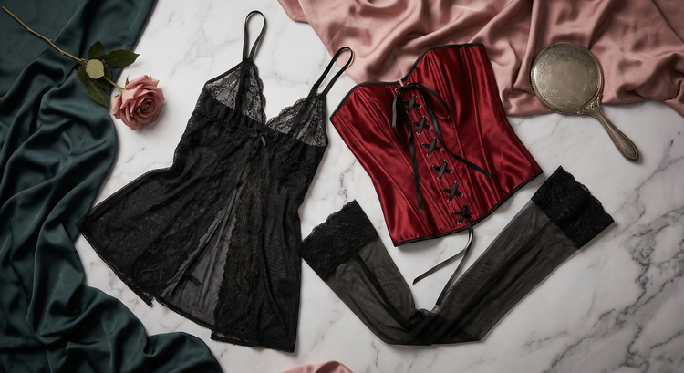 Elegant black and red sexy lingerie, including a lace babydoll and corset, representing the Erotic Clothing collection.