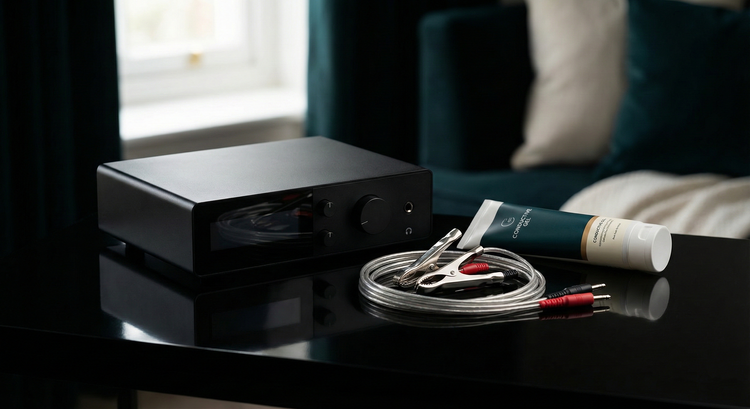 A collection of Electro Sex (E-Stim) toys, including a power unit, metal clamps, and conductive gel.