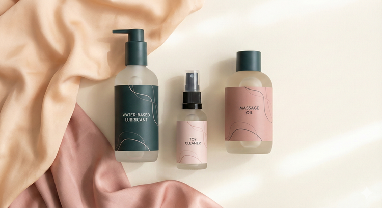 A collection of Intimate Wellness and Sex Toy Care products, including lubricant, massage oil, and cleaner bottles.