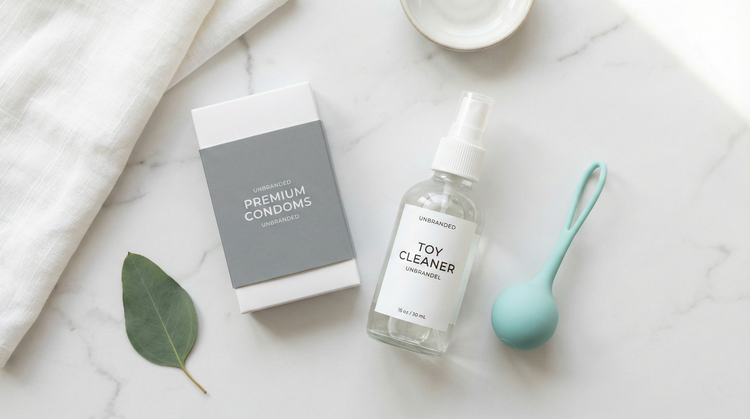 Sexual healthcare essentials including condoms, hygiene products, and pelvic trainers, styled in a clean and medical-grade setting.