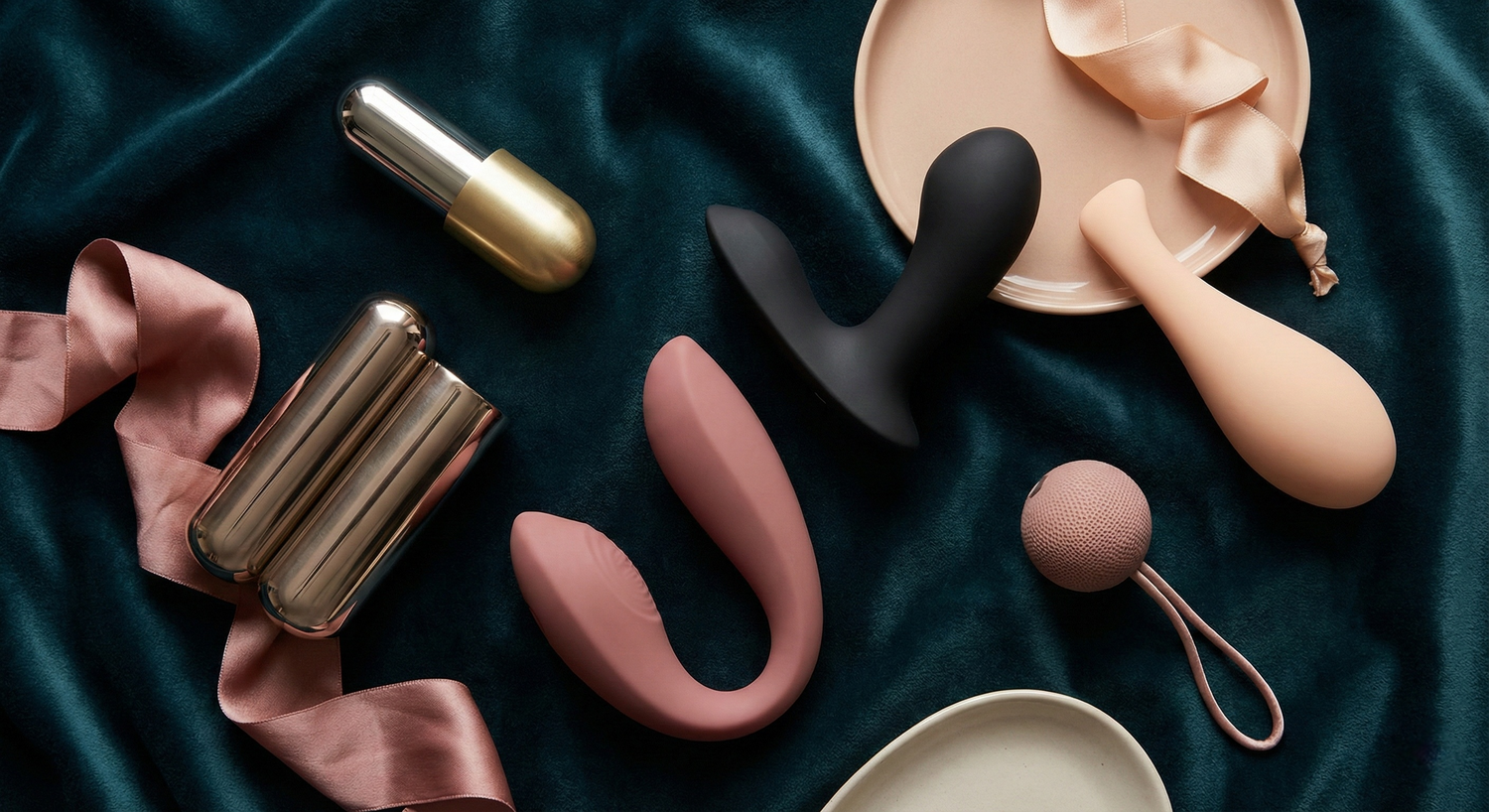 A diverse collection of premium sex toys, including vibrators, dildos, and couple toys, representing the main Naughty Nest collection.