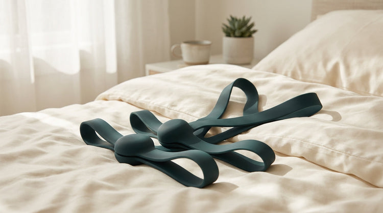 Elegant wearable silicone strap-on set on soft silk bedding