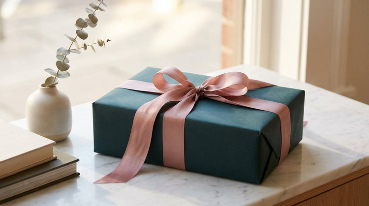Elegant Deep Dark Teal gift box with ribbon in a wellness setting