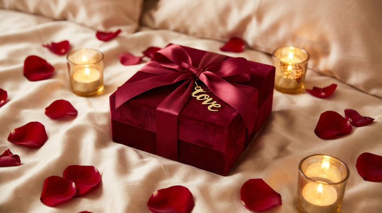 Luxurious red Valentine's Day gift box with rose petals on silk