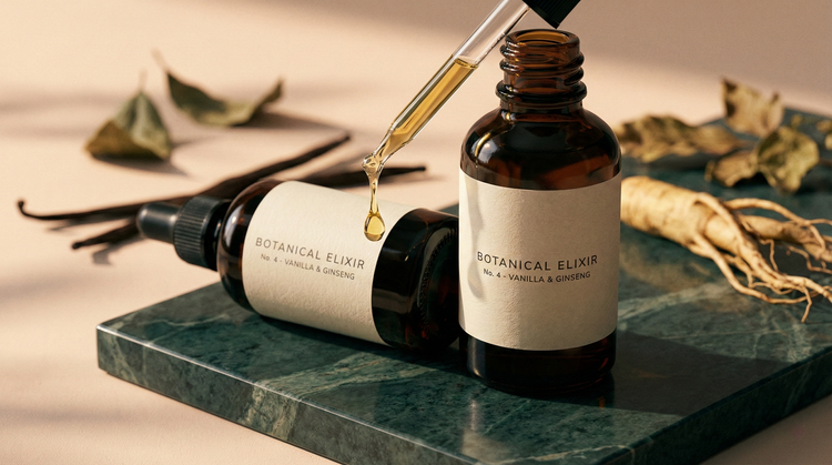 Natural aphrodisiacs and libido-boosting supplements, featuring herbal drops and mood enhancers, styled in a premium wellness setting.