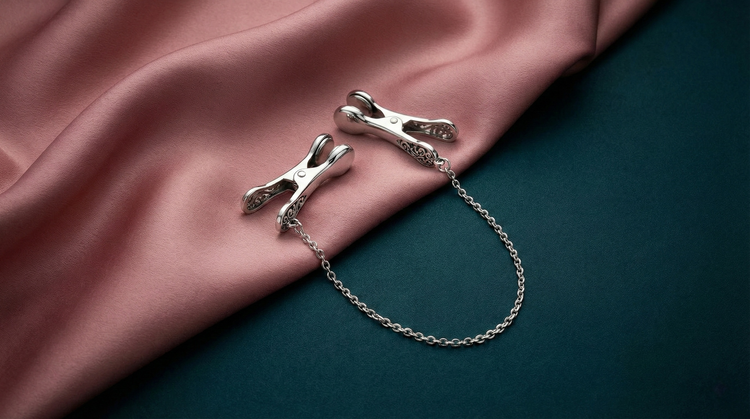Premium nipple toys including adjustable clamps, suction cups, and vibrating stimulators, styled as body jewelry in a luxury setting.