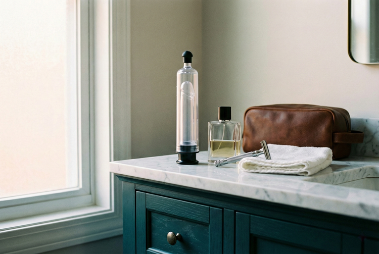 Premium penis pumps and hydro erection trainers, styled as high-tech male wellness gadgets in a luxury bathroom setting.