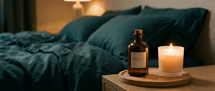 Premium massage oils and aromatherapy elixirs, featuring hydrating and non-sticky textures, styled in a luxury wellness setting.