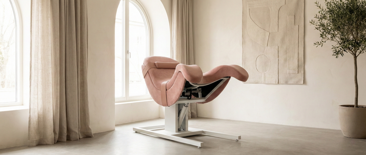 Premium sex machines and automated pleasure equipment, featuring hands-free thrusters and saddles, styled as high-tech wellness devices.