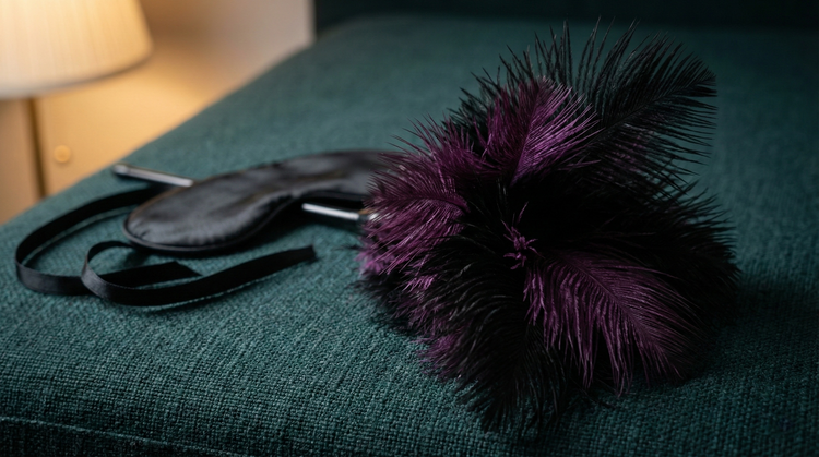 Sensory play collection featuring feather ticklers, electro-stimulators, and steel erotic tools, styled for intimate exploration.