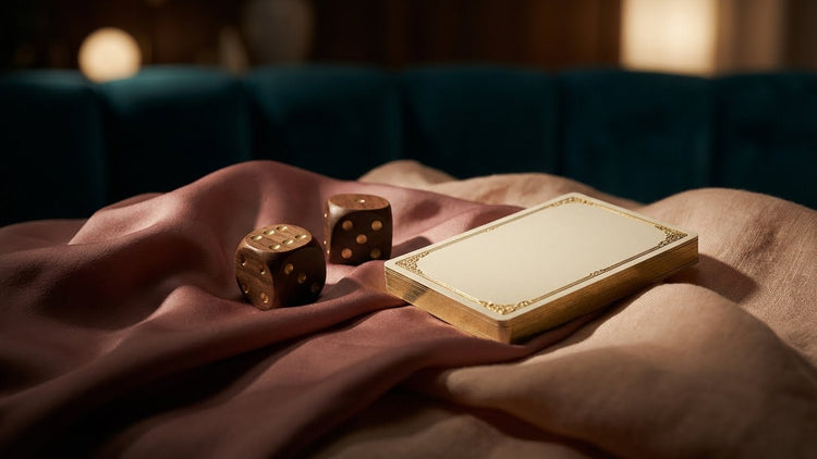 Elegant adult game accessories including minimalist dice and a gold-edged card on luxury rose silk and teal velvet.