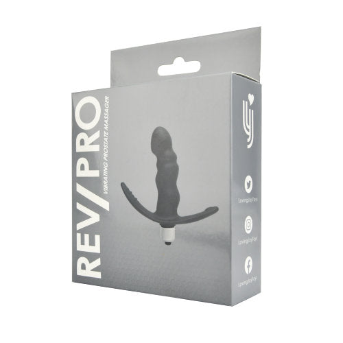 Gray packaging box for a product with 'REV/PRO' branding on a white background
