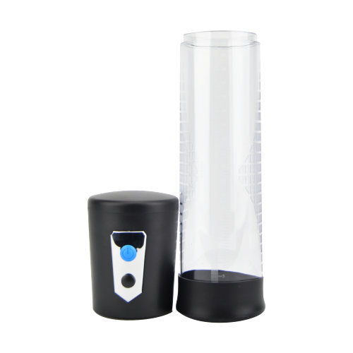 Black and clear cylindrical device on a white background