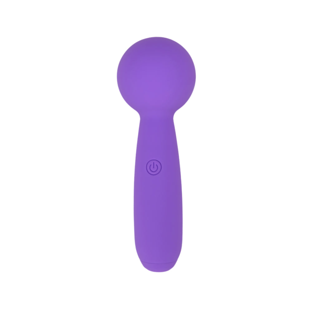 Purple handheld device with a power symbol on a white background