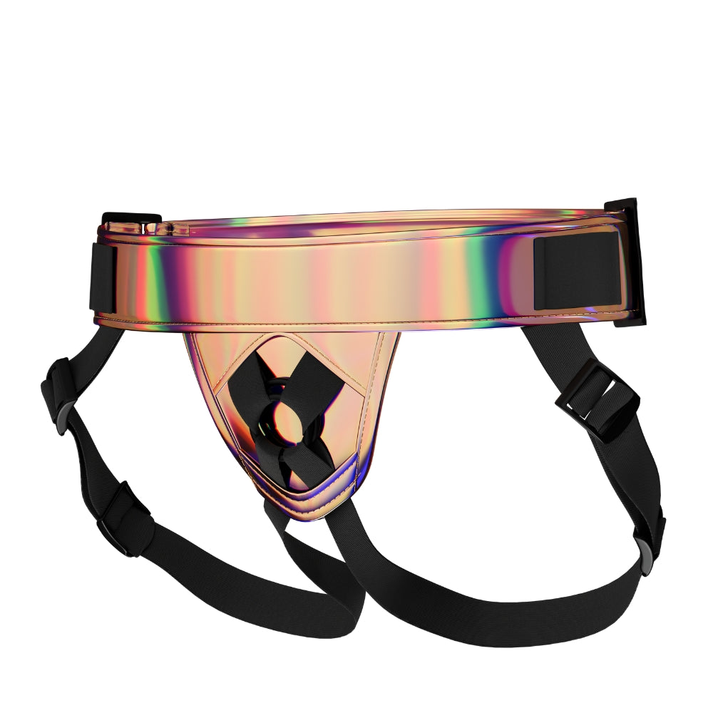 Holographic harness with black straps on a white background