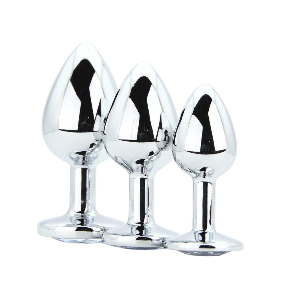 Toosh Silver Metal Butt Plug Set - 3 Sizes with Clear Jewel
