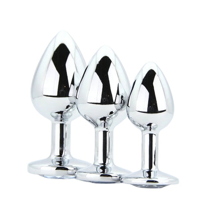 Toosh Silver Metal Butt Plug Set - 3 Sizes with Clear Jewel