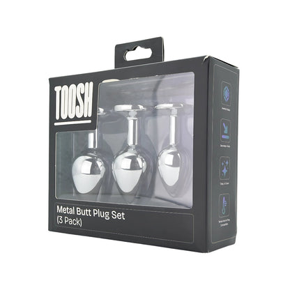 Toosh Silver Metal Butt Plug Set - 3 Sizes with Clear Jewel