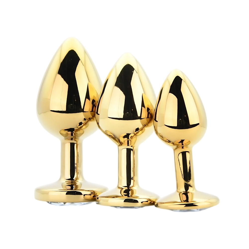 Toosh Gold Metal Butt Plug Set - 3 Sizes with Clear Jewel