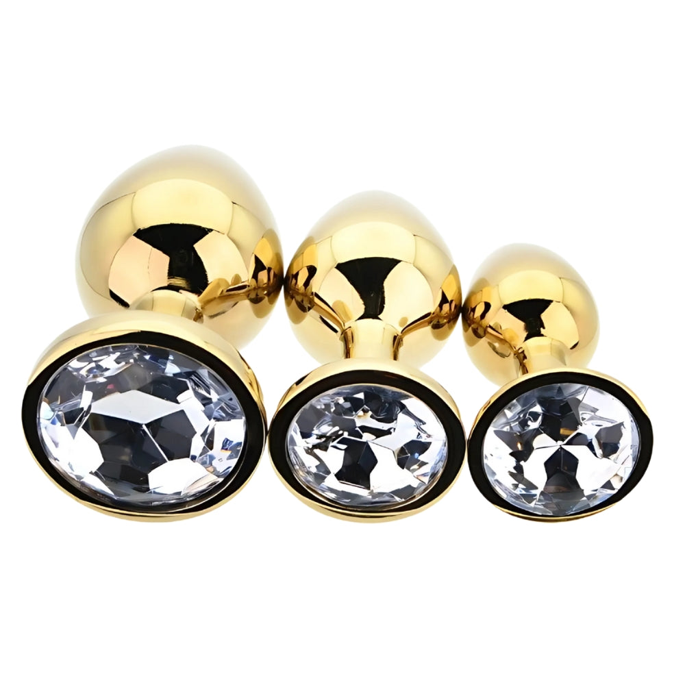 Toosh Gold Metal Butt Plug Set - 3 Sizes with Clear Jewel
