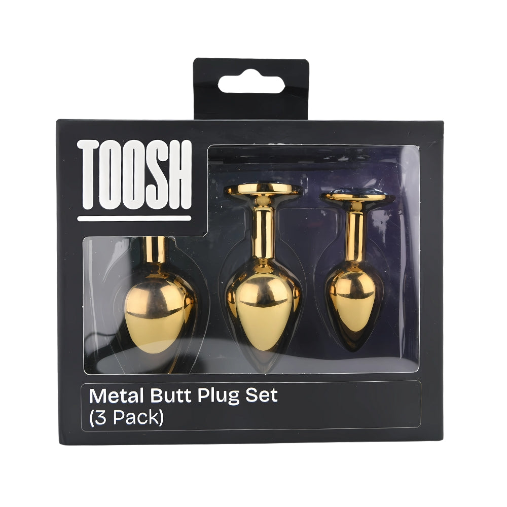 Toosh Gold Metal Butt Plug Set - 3 Sizes with Clear Jewel