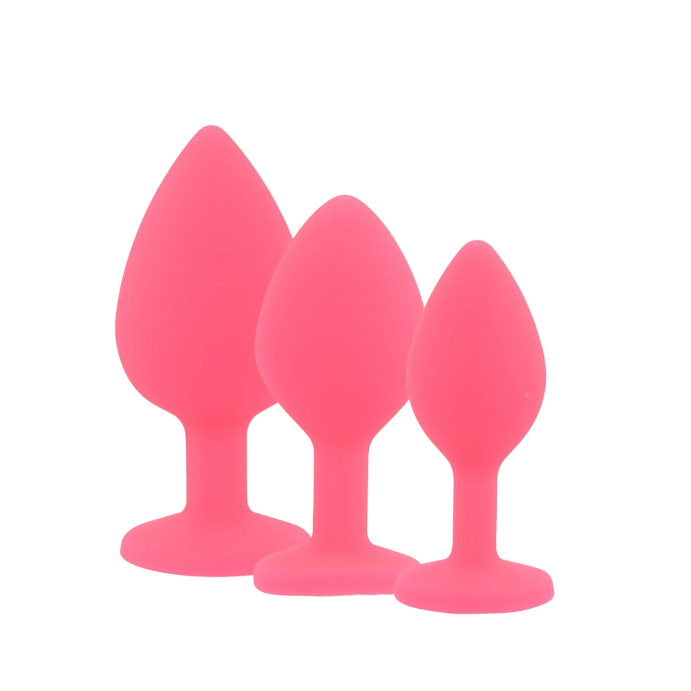Toosh Pink Silicone Butt Plug Set - 3 Sizes with Clear Jewel
