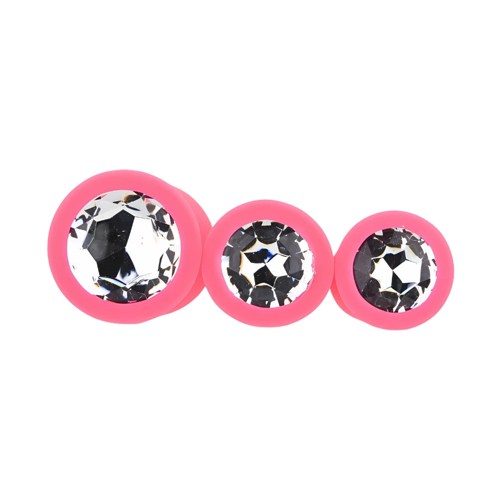 Toosh Pink Silicone Butt Plug Set - 3 Sizes with Clear Jewel