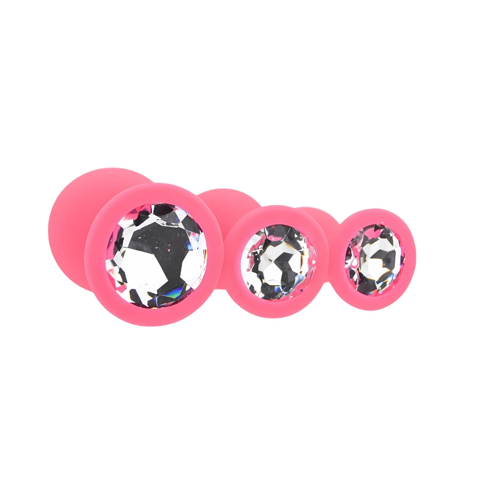 Toosh Pink Silicone Butt Plug Set - 3 Sizes with Clear Jewel