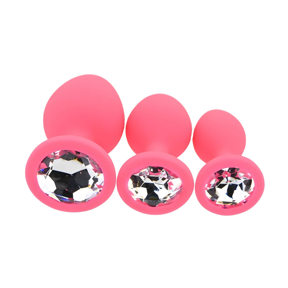 Toosh Pink Silicone Butt Plug Set - 3 Sizes with Clear Jewel