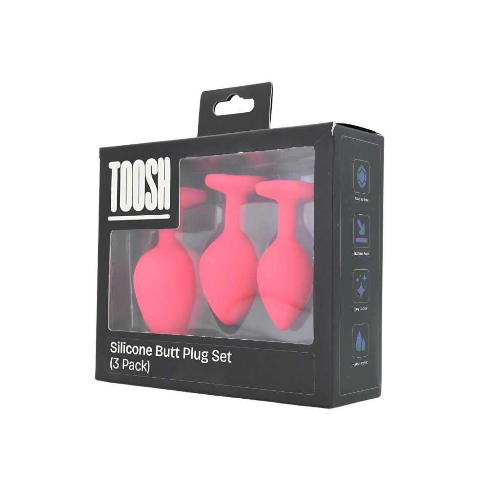 Toosh Pink Silicone Butt Plug Set - 3 Sizes with Clear Jewel