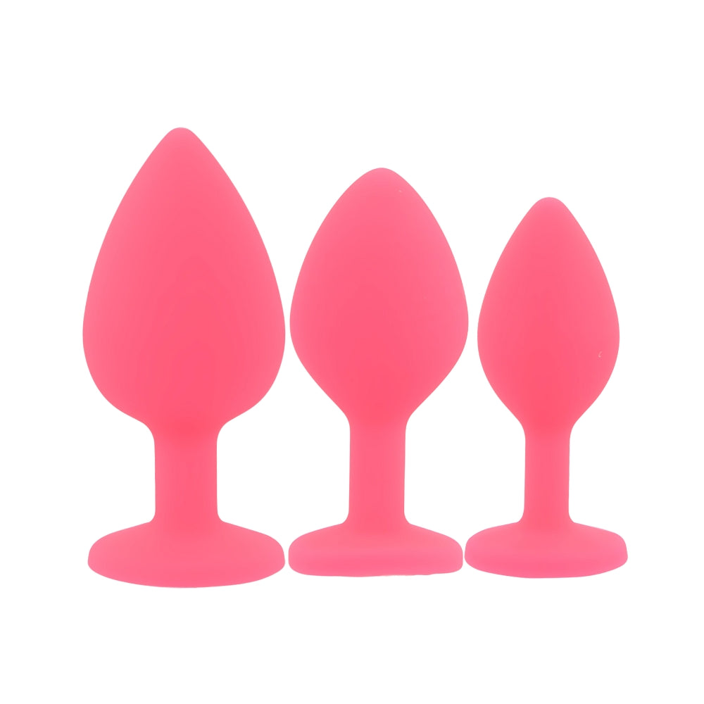 Toosh Pink Silicone Butt Plug Set - 3 Sizes with Clear Jewel