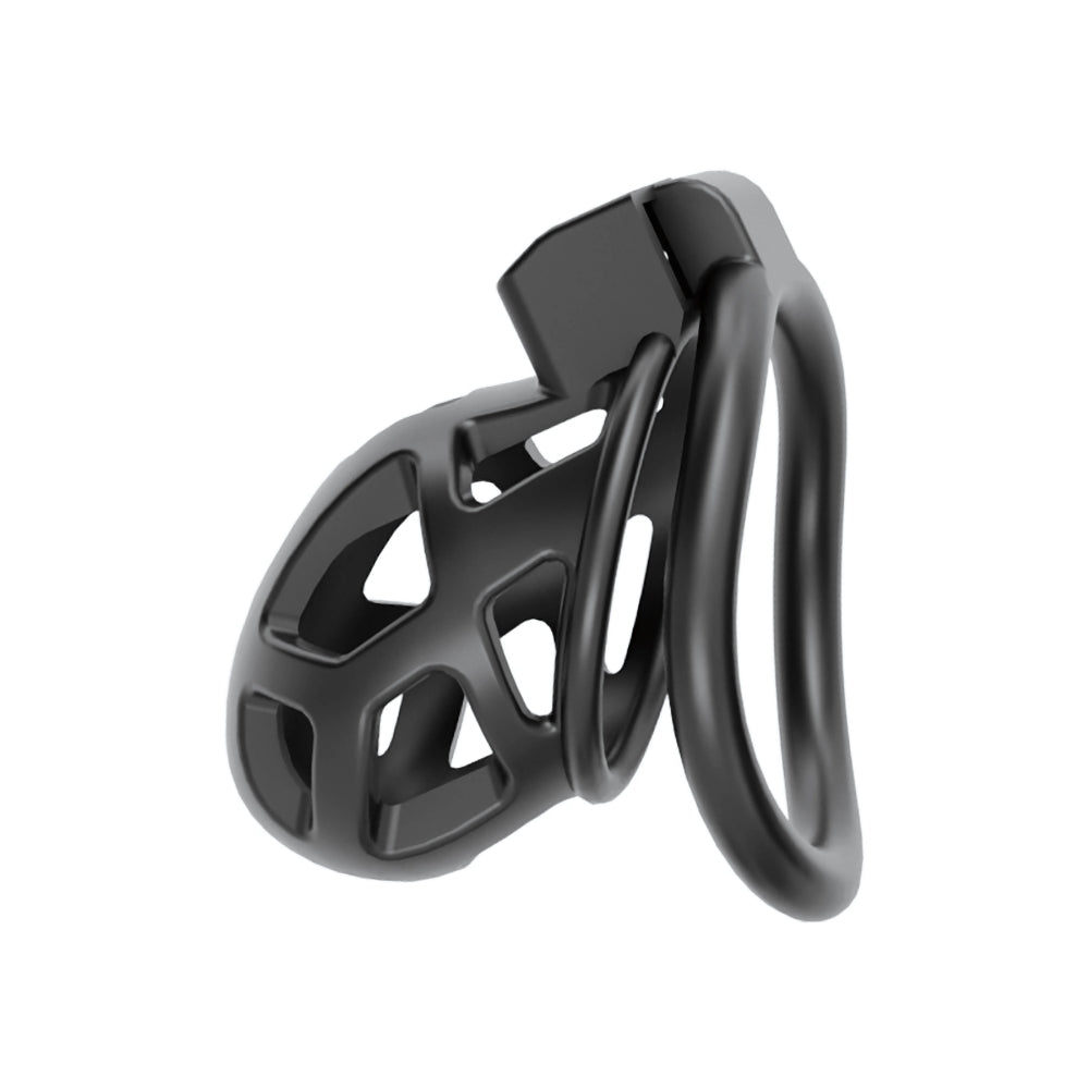 Black metal climbing belay device on a white background