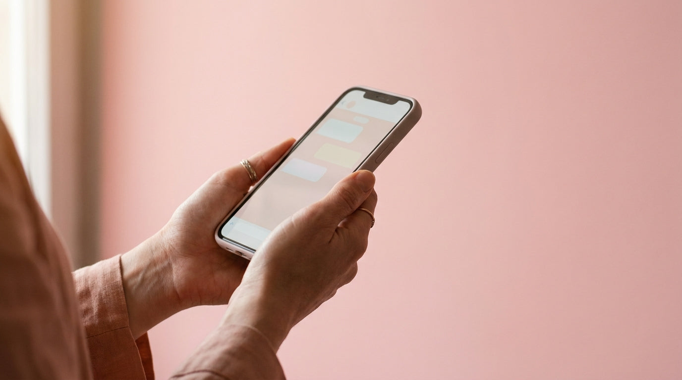 A woman's hand holding a smartphone in soft morning light against a warm pink background