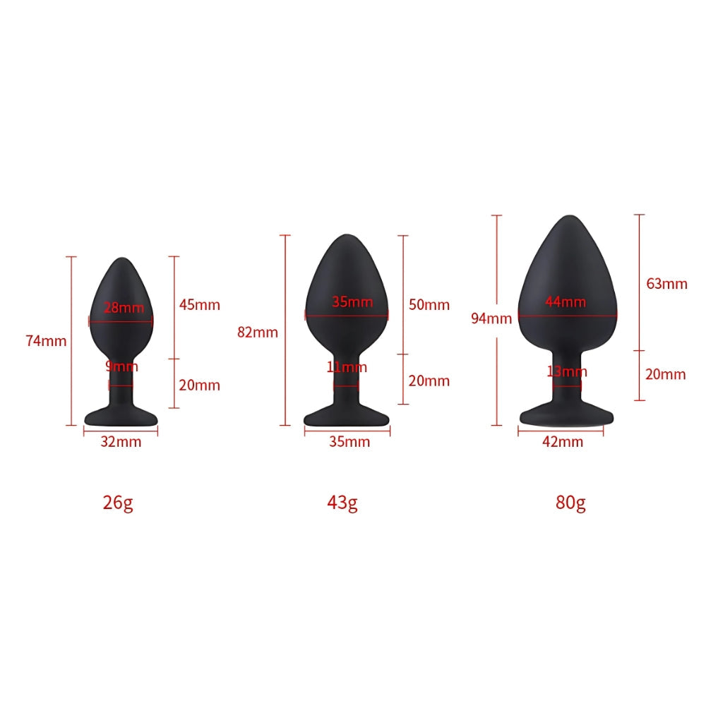 Toosh Black Silicone Butt Plug Set - 3 Sizes with Clear Jewel