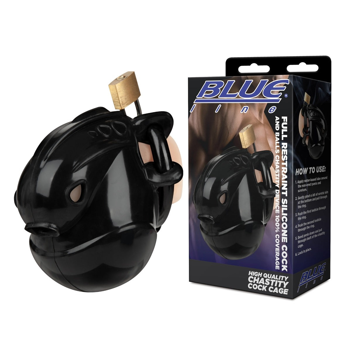 Blue Line Full Restraint Silicone Cock & Balls Chastity Device Black