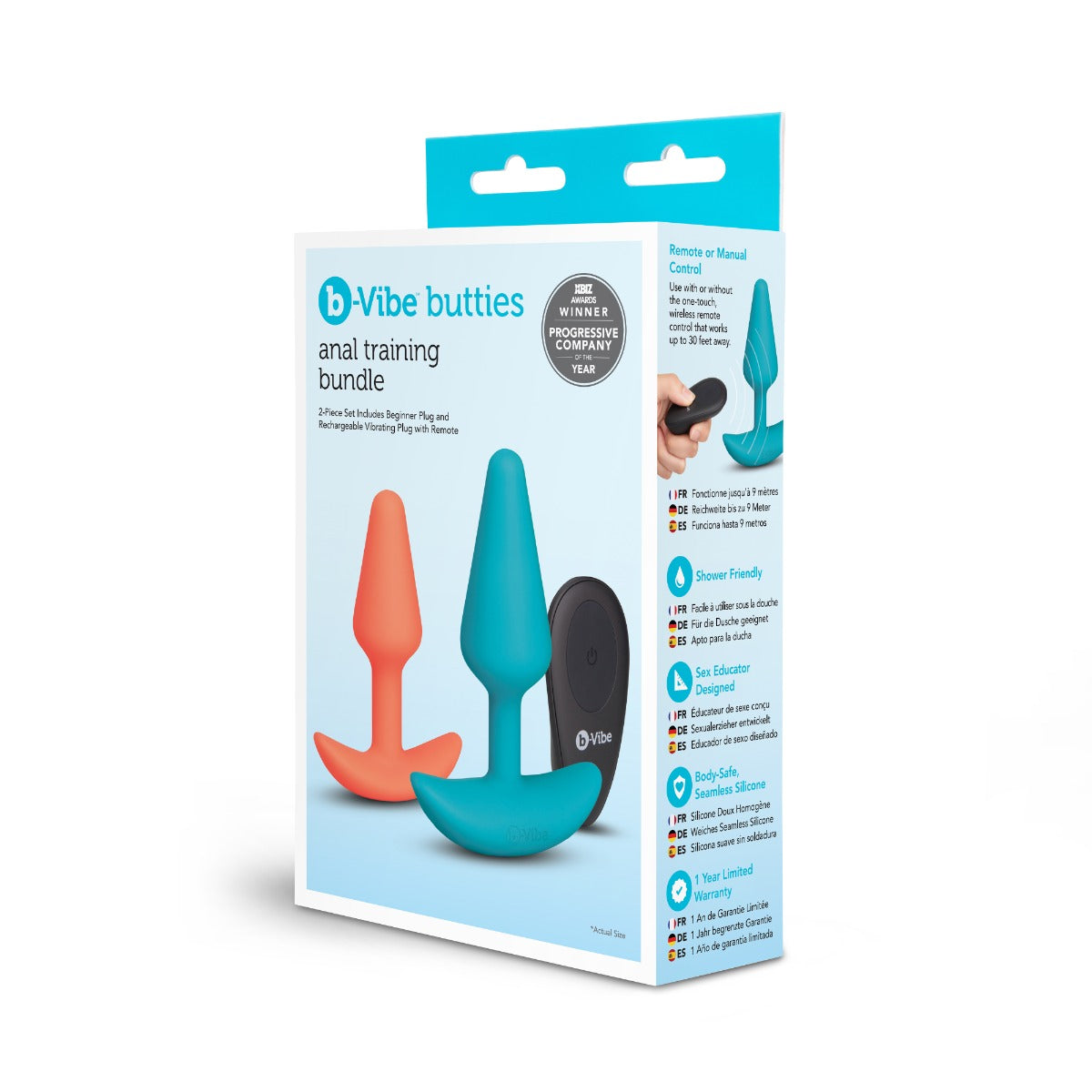 B-Vibe Anal Training 2 Piece Bundle Remote Control Butt Plugs Blue Orange