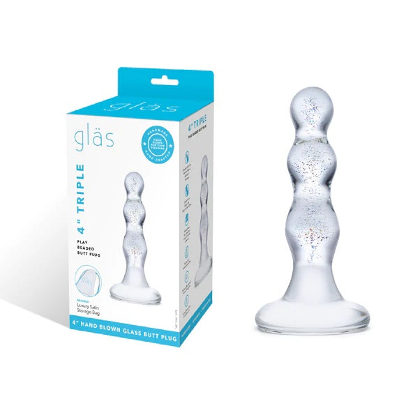 Glas 4 Inch Triple Play Beaded Butt Plug Clear