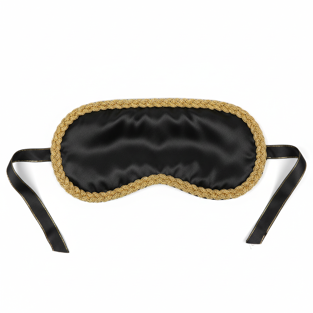 Luxurious black satin blindfold with gold trim on white background