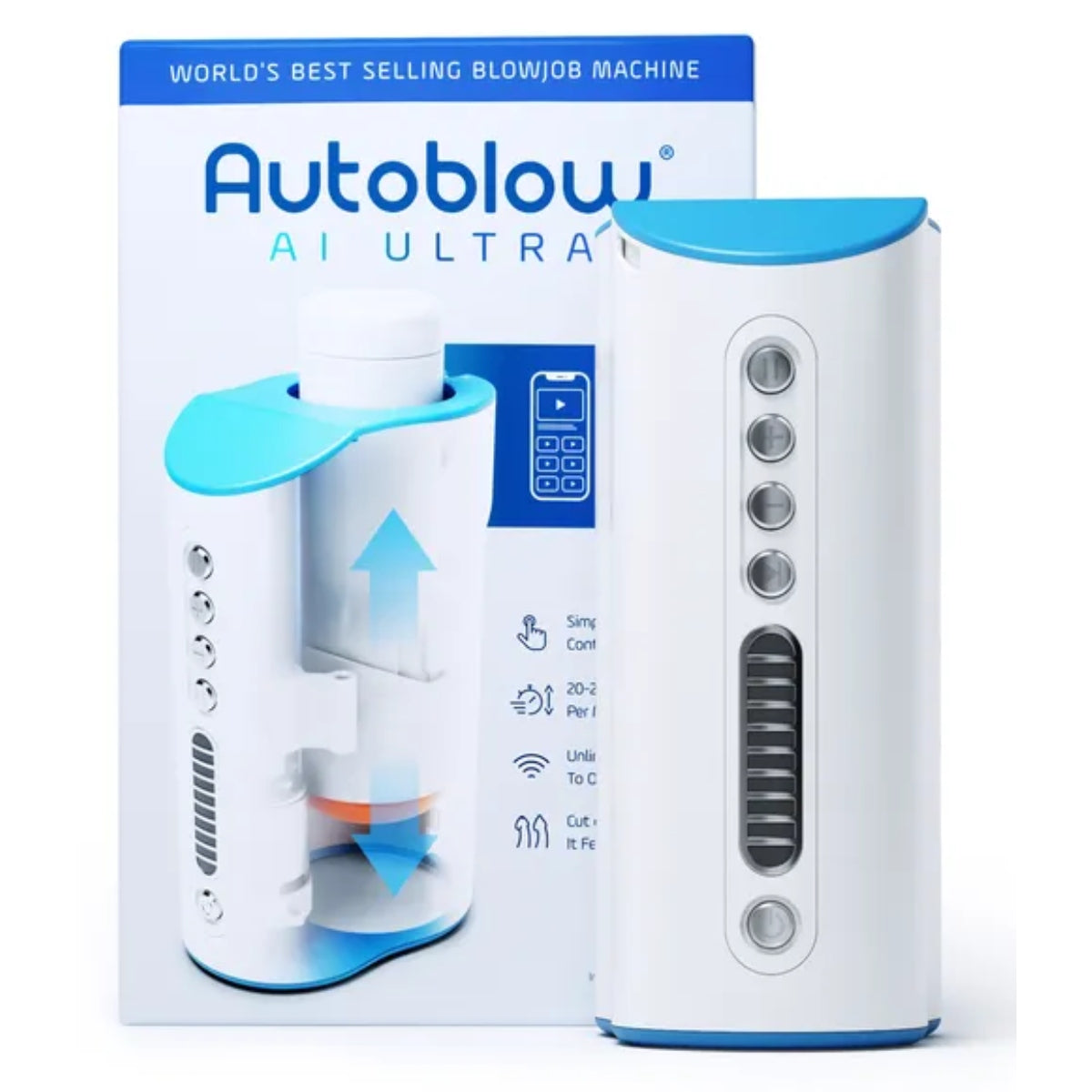 Autoblow AI Ultra blowjob machine with packaging on a white background